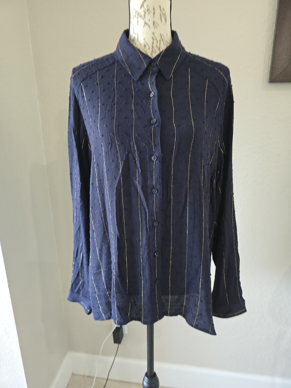 Express Navy Sheer Button-Down with Metallic Stripes